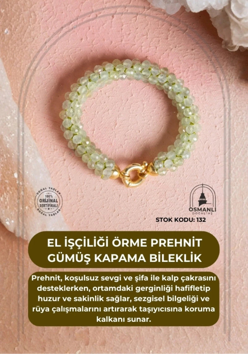 Sertifikalı El İşçiliği Örme Prehnit Gümüş Kapama Bileklik (SK:132)