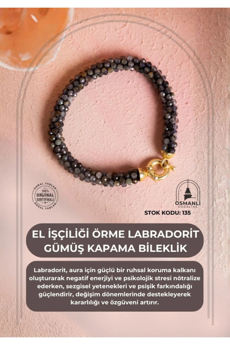 Sertifikalı El İşçiliği Örme Labradorit Gümüş Kapama Bileklik (SK:135)
