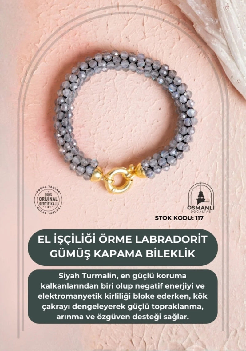 Sertifikalı El İşçiliği Örme Labradorit  Gümüş  Kapama Bileklik (SK:117)