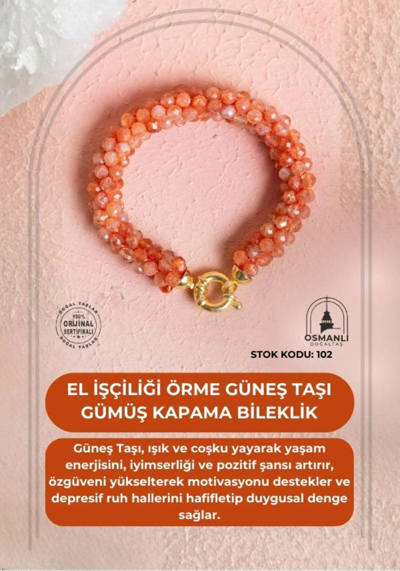 Sertifikalı El İşçiliği Örme Güneş Taşı Gümüş Kapama Bileklik (SK:102)