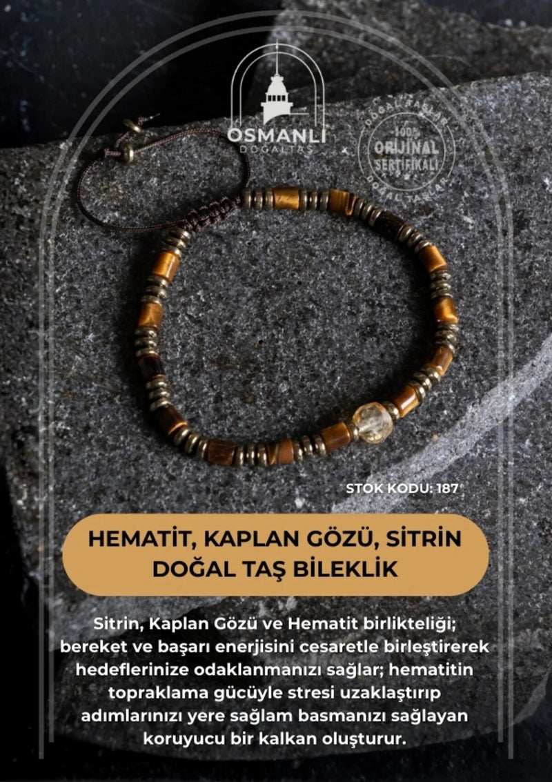 Sertifikalı Hematit, Kaplan Gözü ve Sitrin Doğal Taş Makrome Bileklik (SK:187)