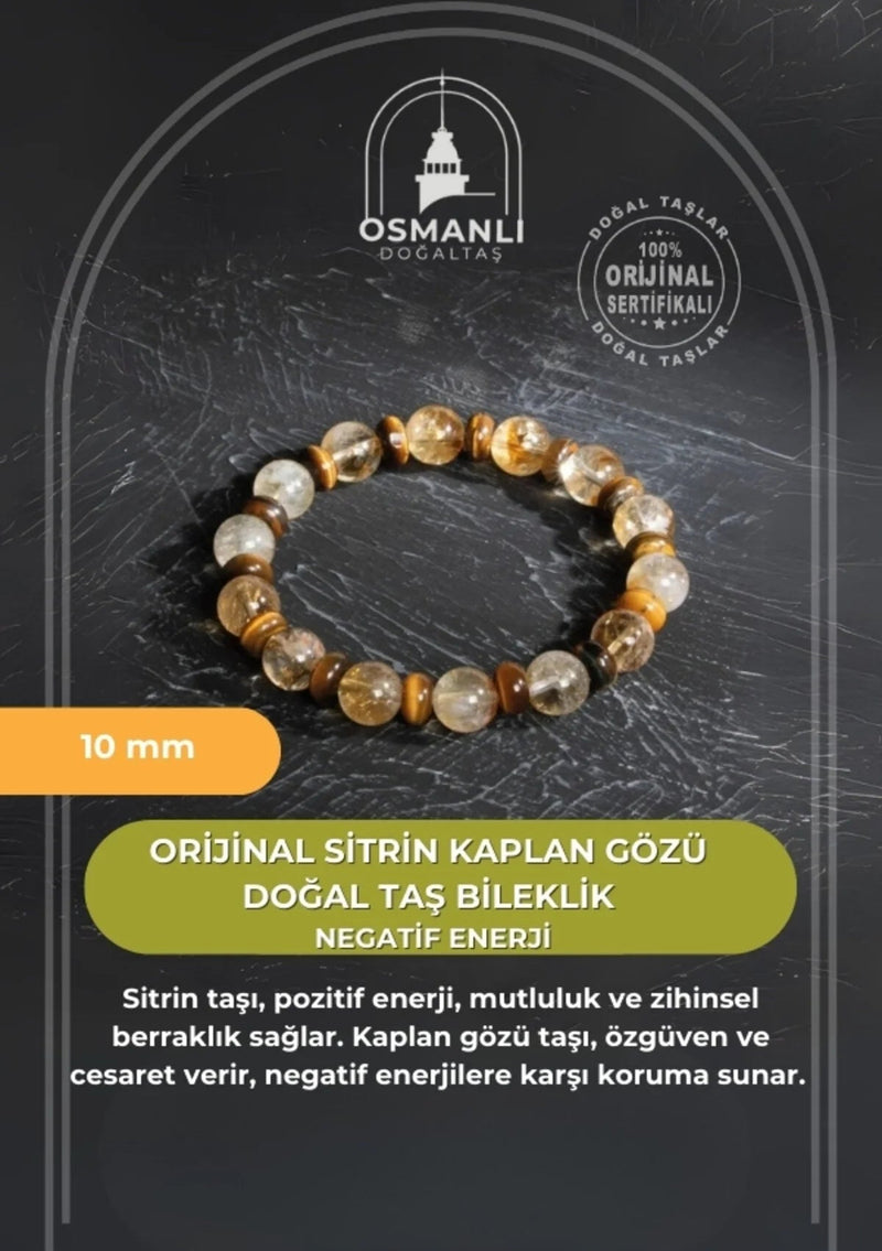 Sertifikalı Orijinal Sitrin Kaplan Gözü Doğal Taş Bileklik- Negatif Enerji