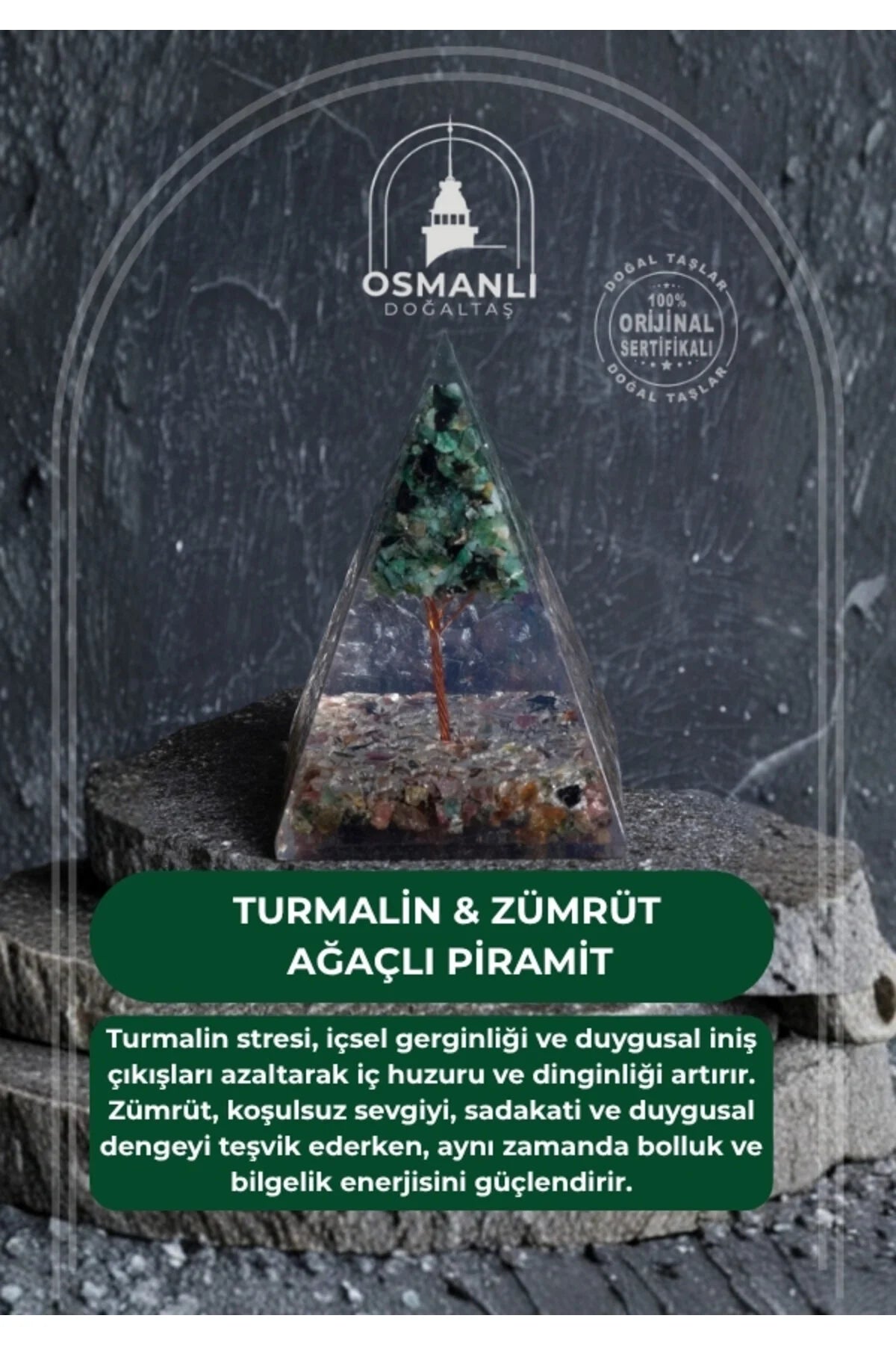 Sertifikalı Turmalin & Zümrüt Ağaçlı Piramit