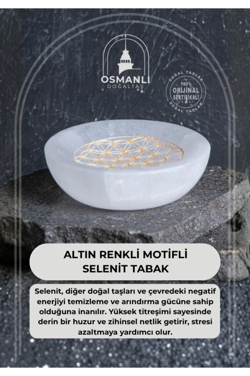 Sertifikalı Altın Renkli Motifli Selenit Tabak