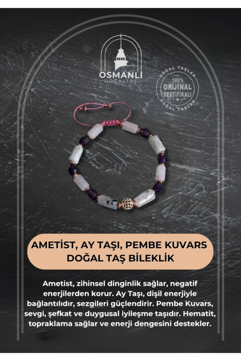 Sertifikalı Ametist, Ay Taşı ve Pembe Kuvars Doğal Taş Bileklik