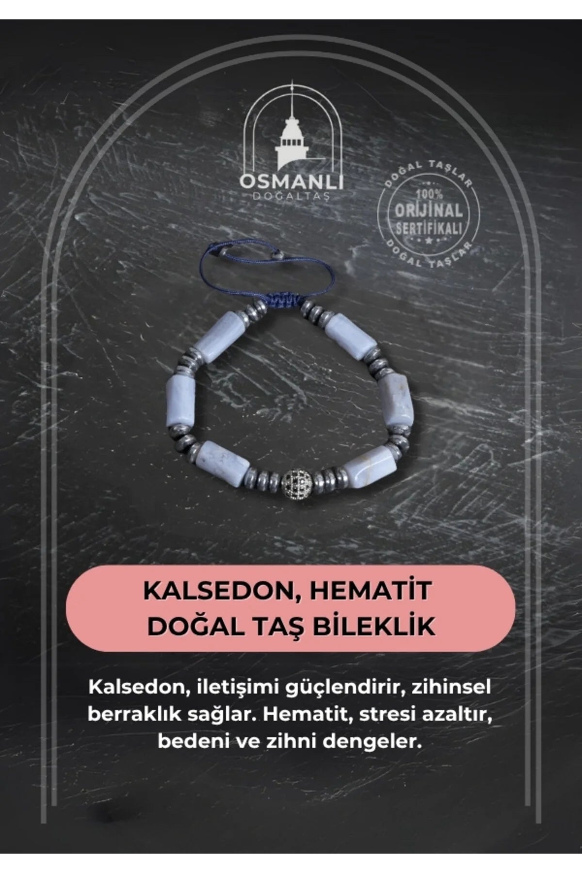 Sertifikalı Kalsedon ve Hematit Doğal Taş Bileklik