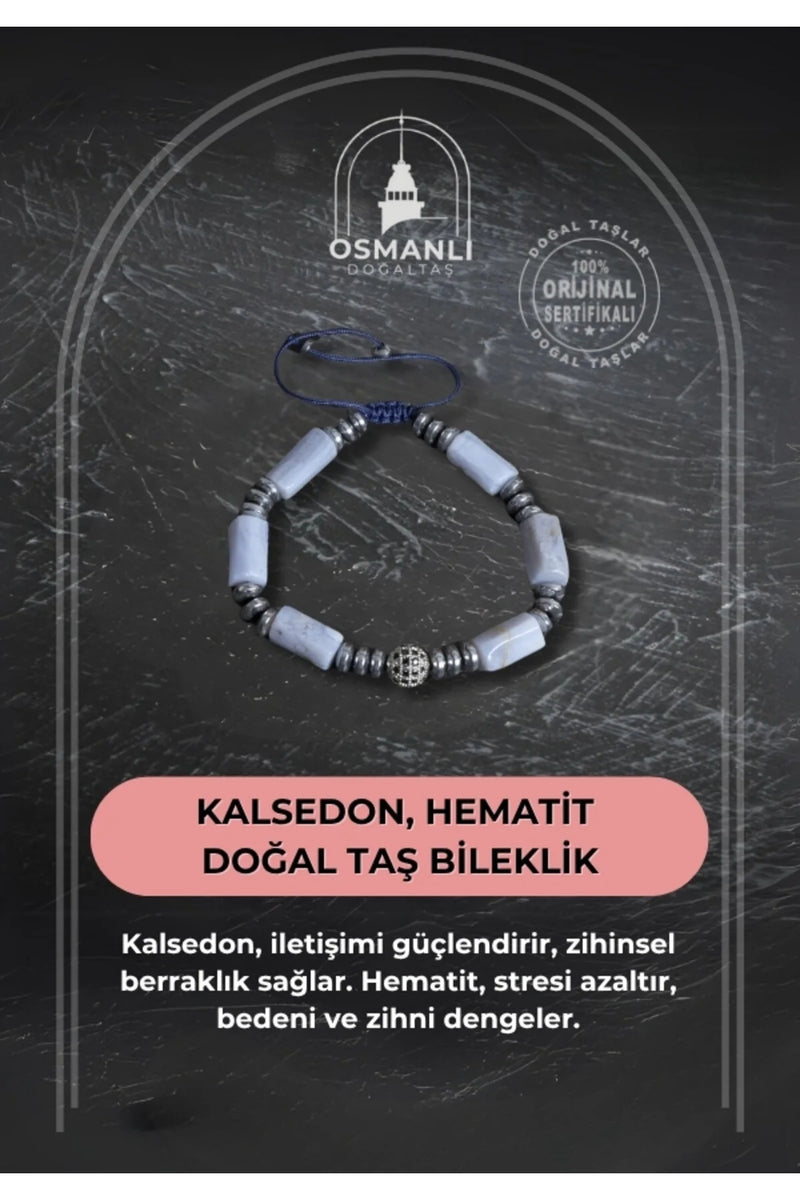 Sertifikalı Kalsedon ve Hematit Doğal Taş Bileklik