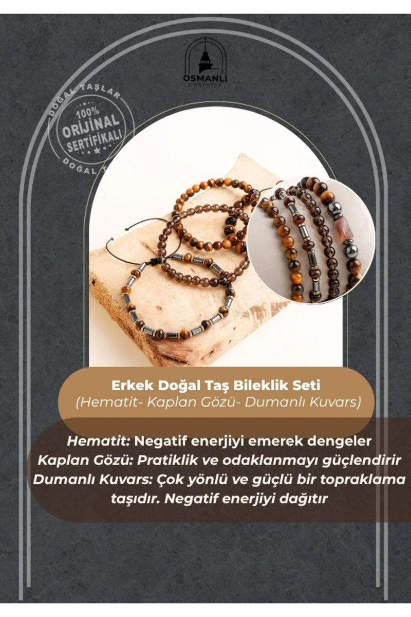 Hematit-Kaplan Gözü-Dumanlı Kuvars Erkek Doğal Taş Bileklik Seti