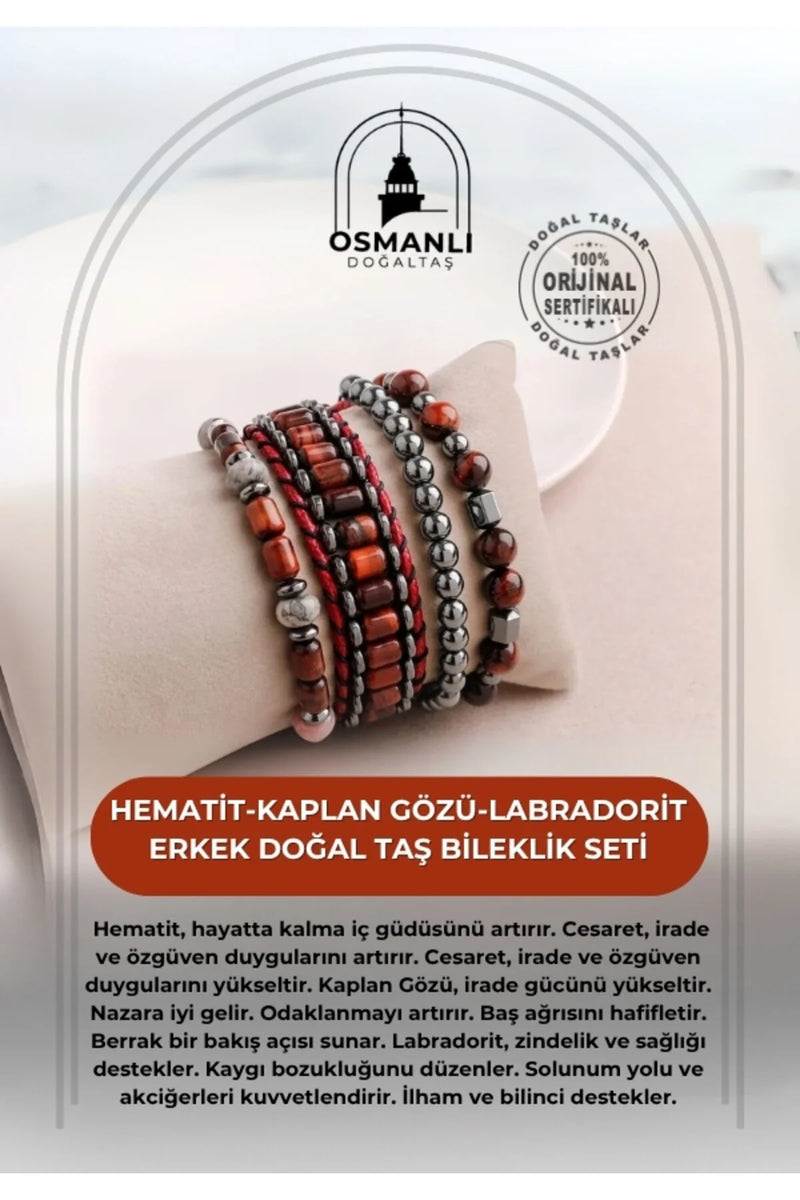 Hematit-Kaplan Gözü-Labradorit Erkek Doğal Taş Bileklik Seti