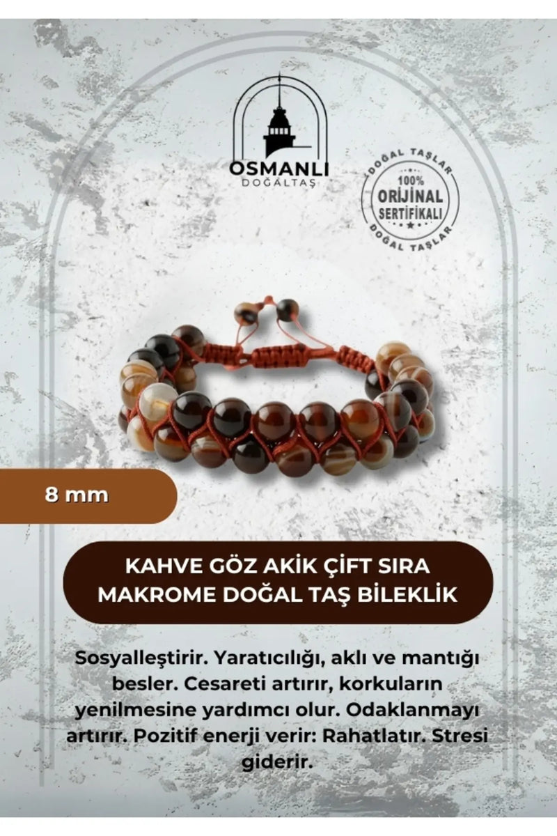 Kahve Göz Akik 8mm Çift Sıra Makrome Doğal Taş Bileklik