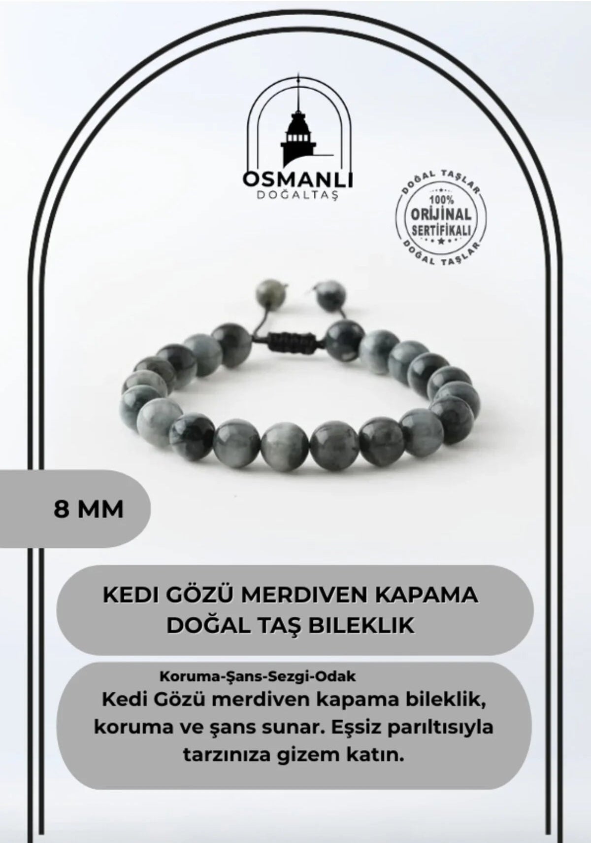 Kedi Gözü 8mm Merdiven Kapama Doğal Taş Bileklik