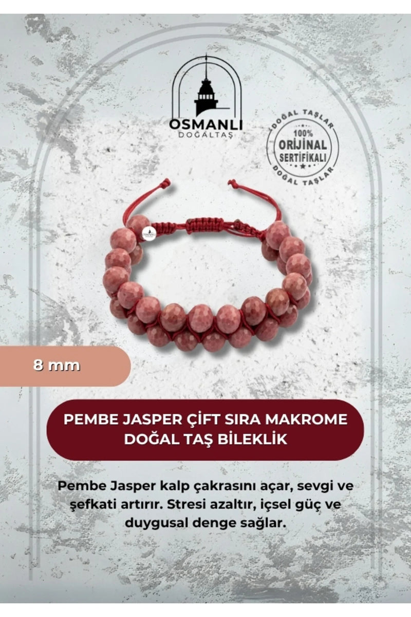 Pembe Jasper 8mm Çift Sıra Makrome Doğal Taş Bileklik