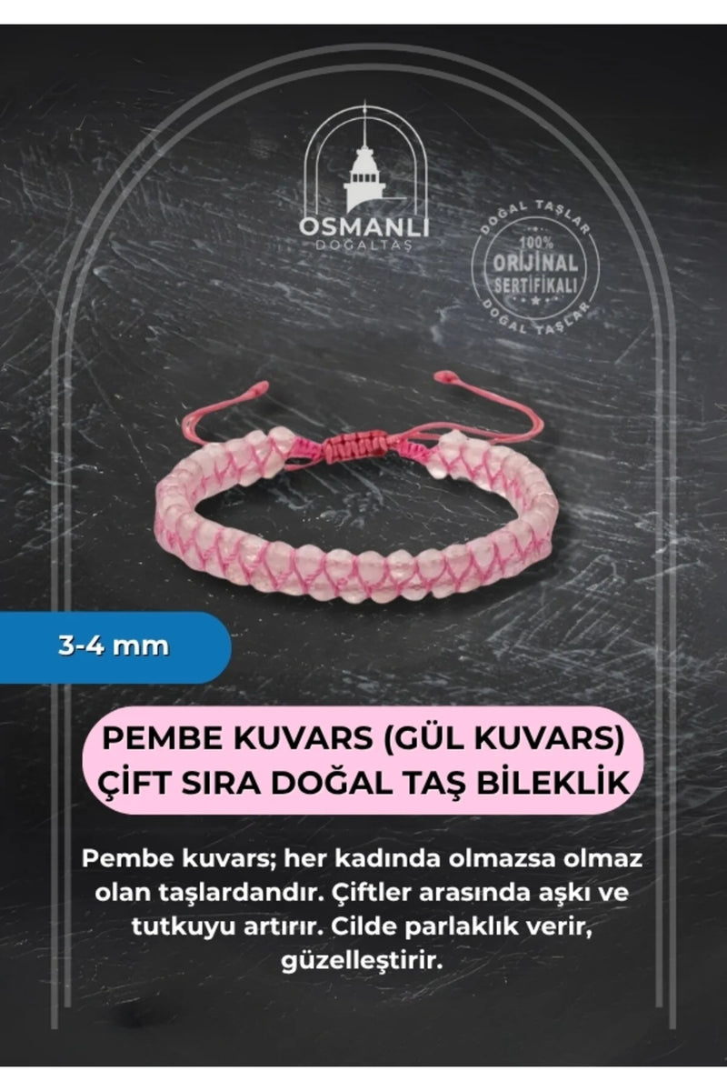 Pembe Kuvars (Gül Kuvars) 3-4mm Çift Sıra Doğal Taş Bileklik