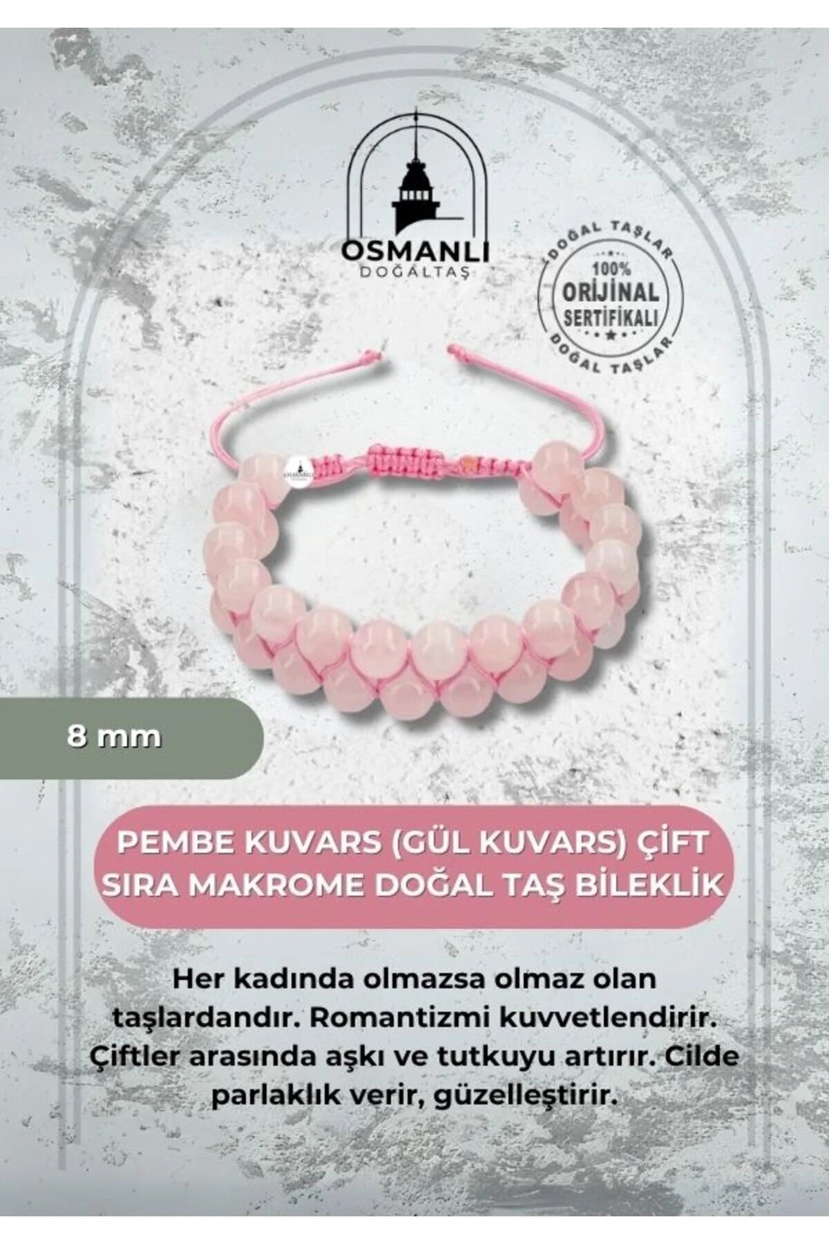 Pembe Kuvars (Gül Kuvars) 8mm Çift Sıra Makrome Doğal Taş Bileklik
