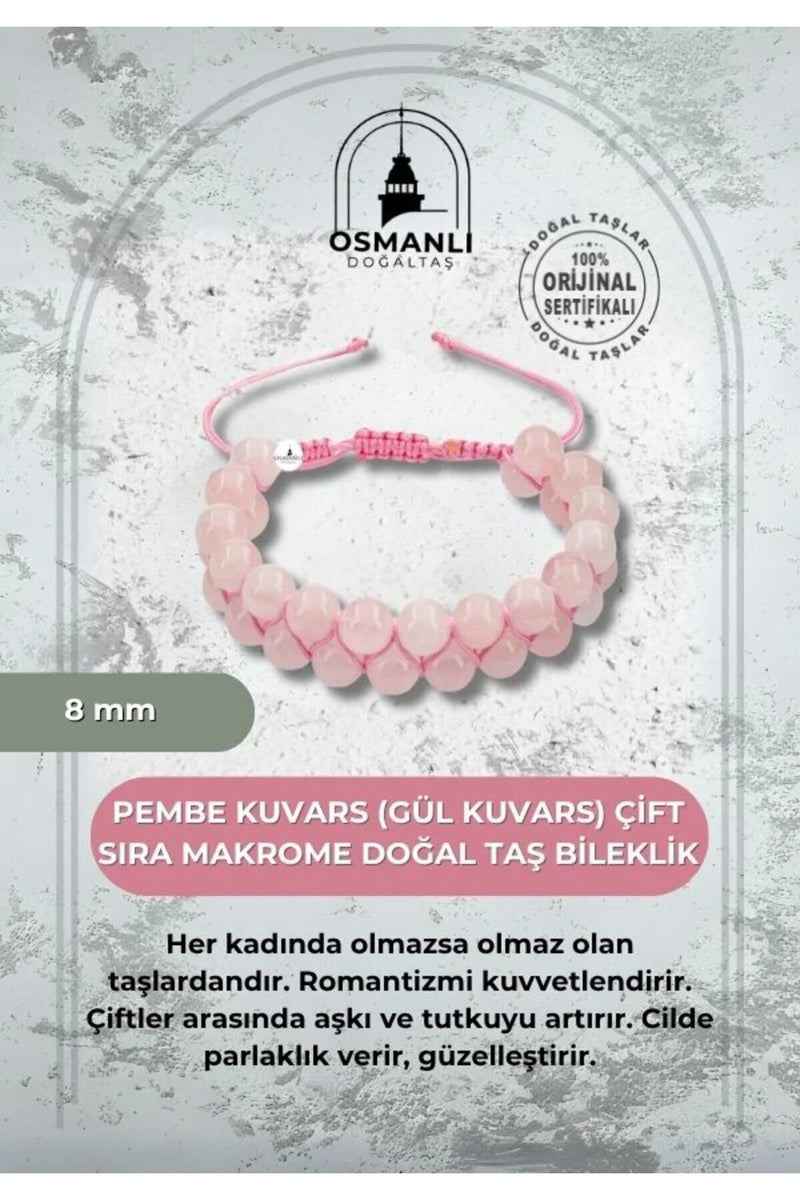 Pembe Kuvars (Gül Kuvars) 8mm Çift Sıra Makrome Doğal Taş Bileklik