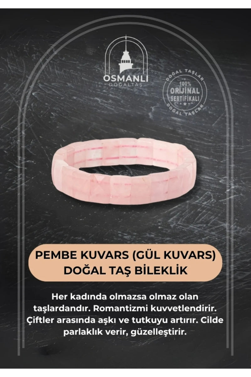 Pembe Kuvars (Gül Kuvars) Doğal Taş Kare Kesim Geniş Kesim Bileklik