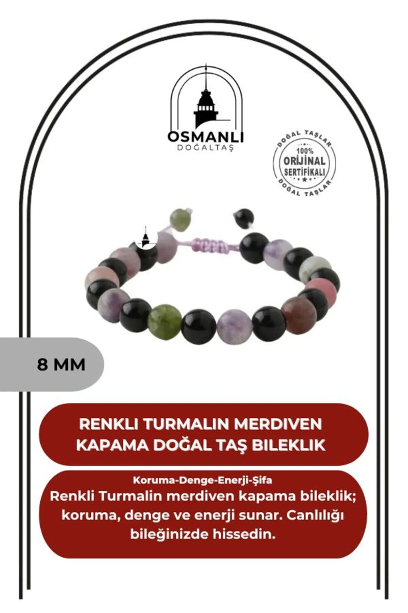 Renkli Turmalin 8mm Merdiven Kapama Doğal Taş Bileklik