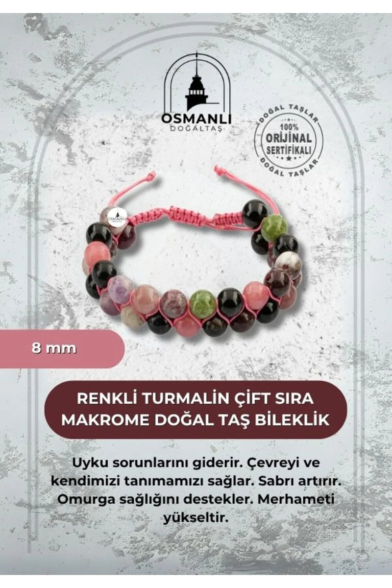 Renkli Turmalin 8mm Çift Sıra Makrome Doğal Taş Bileklik