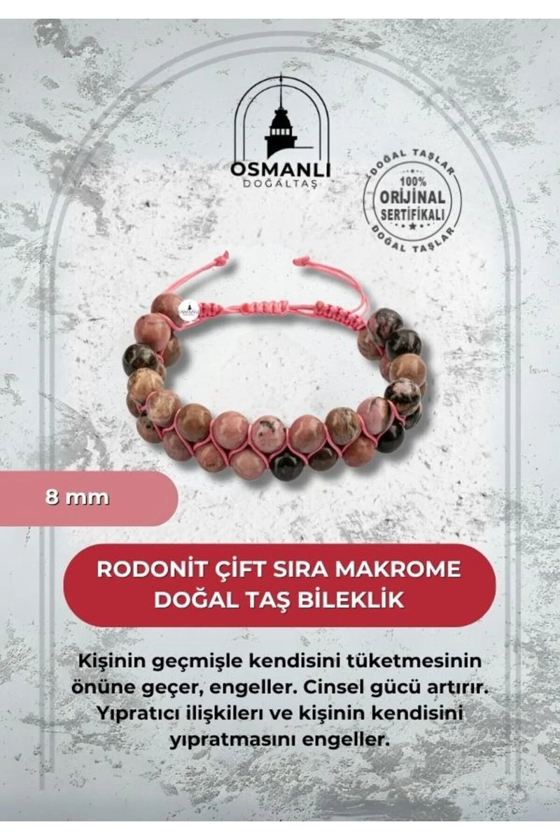 Rodonit 8mm Çift Sıra Makrome Doğal Taş Bileklik