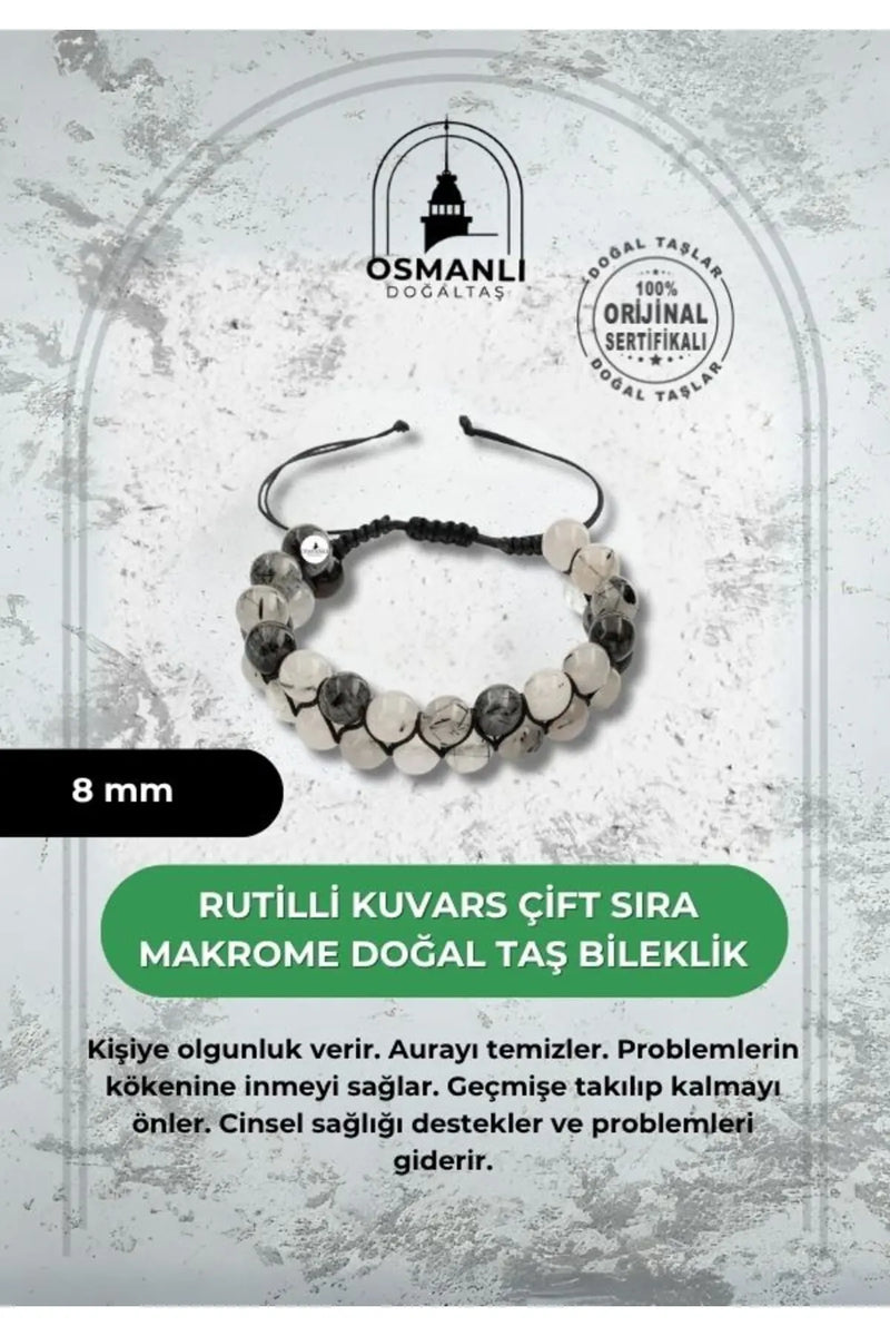 Rutilli Kuvars 8mm Çift Sıra Makrome Doğal Taş Bileklik