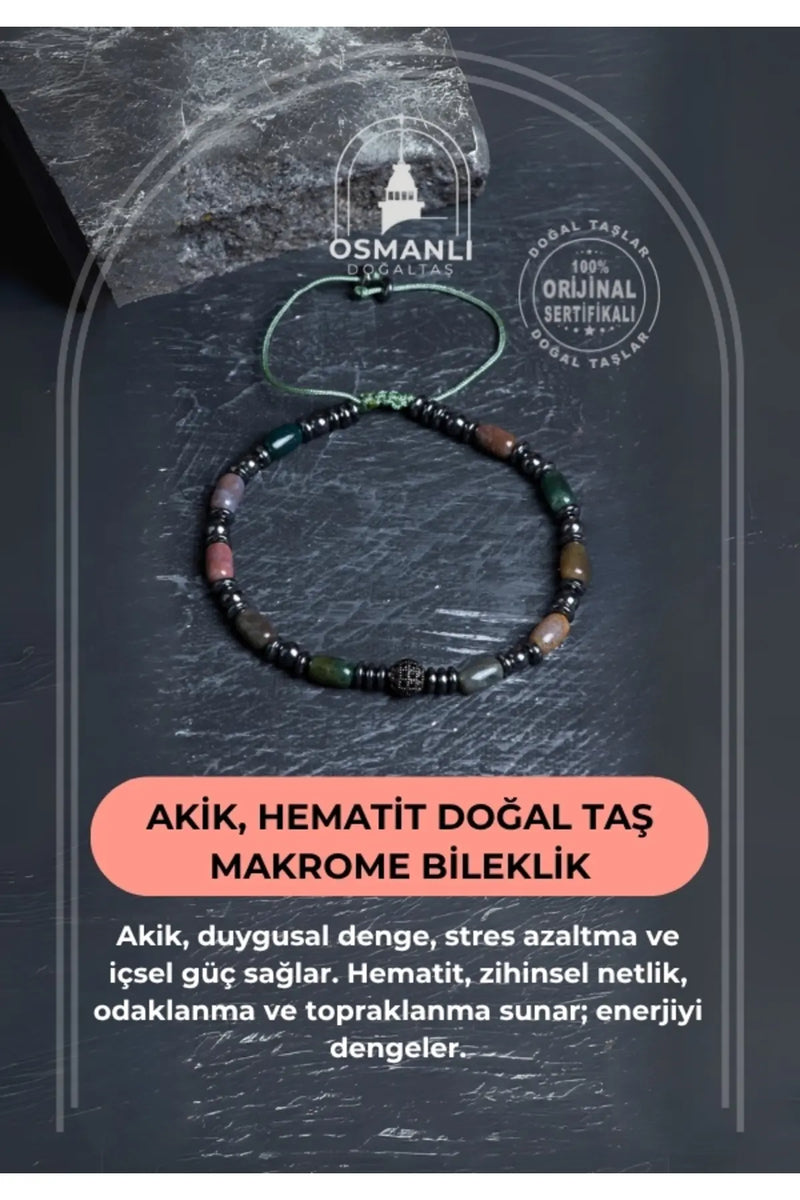 Sertifikalı Akik, Hematit Doğal Taş Makrome Bileklik