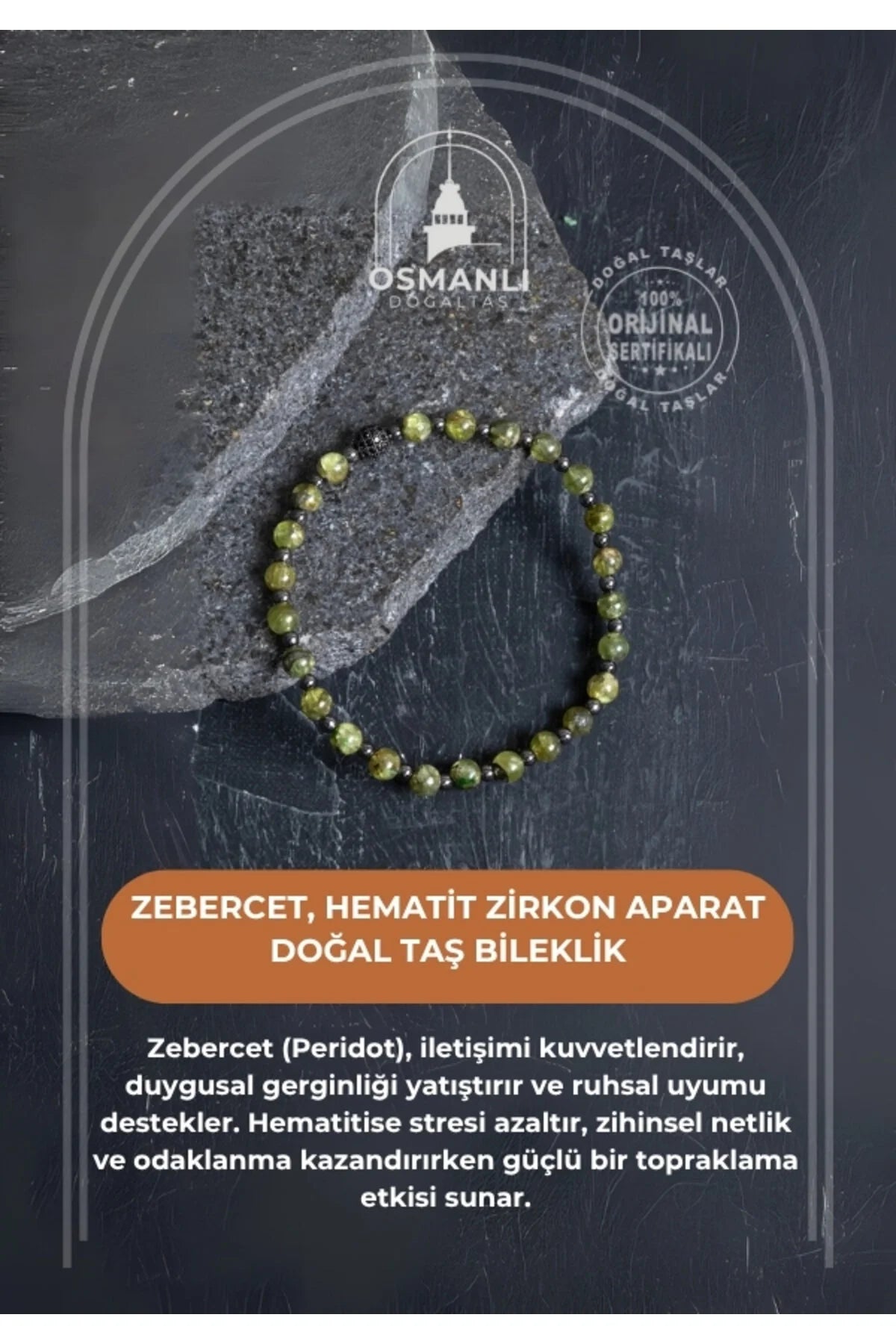 Sertifikalı Zebercet, Hematit Zirkon Aparat Doğal Taş Bileklik
