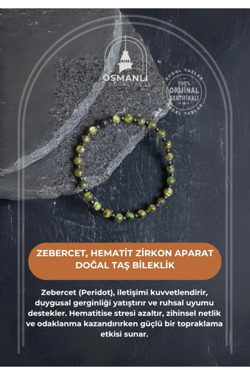 Sertifikalı Zebercet, Hematit Zirkon Aparat Doğal Taş Bileklik
