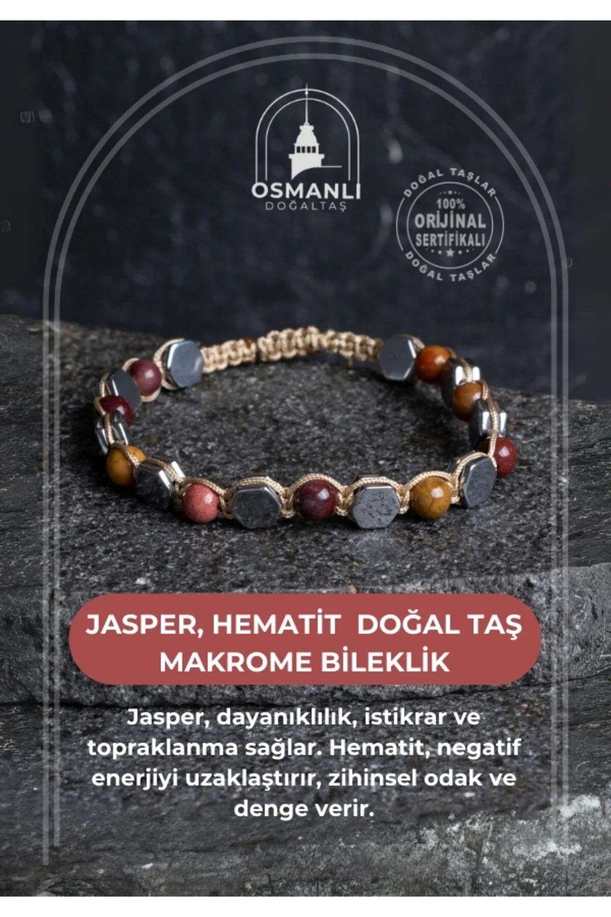 Sertifikalı Jasper, Hematit Doğal Taş Makrome Bileklik