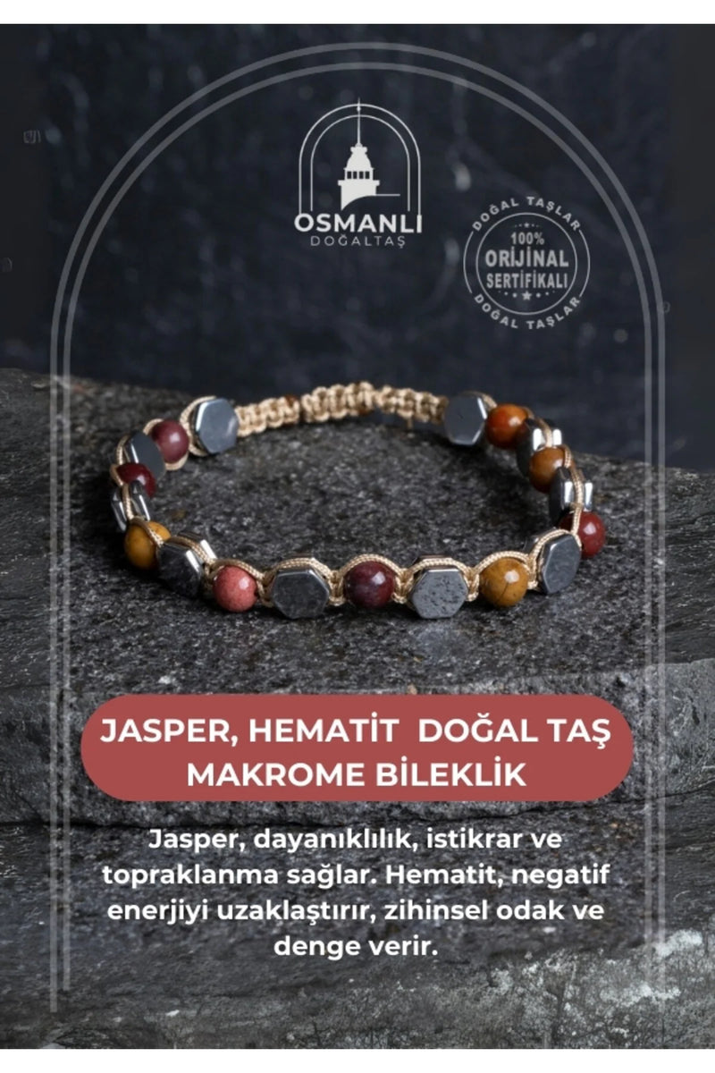 Sertifikalı Jasper, Hematit Doğal Taş Makrome Bileklik