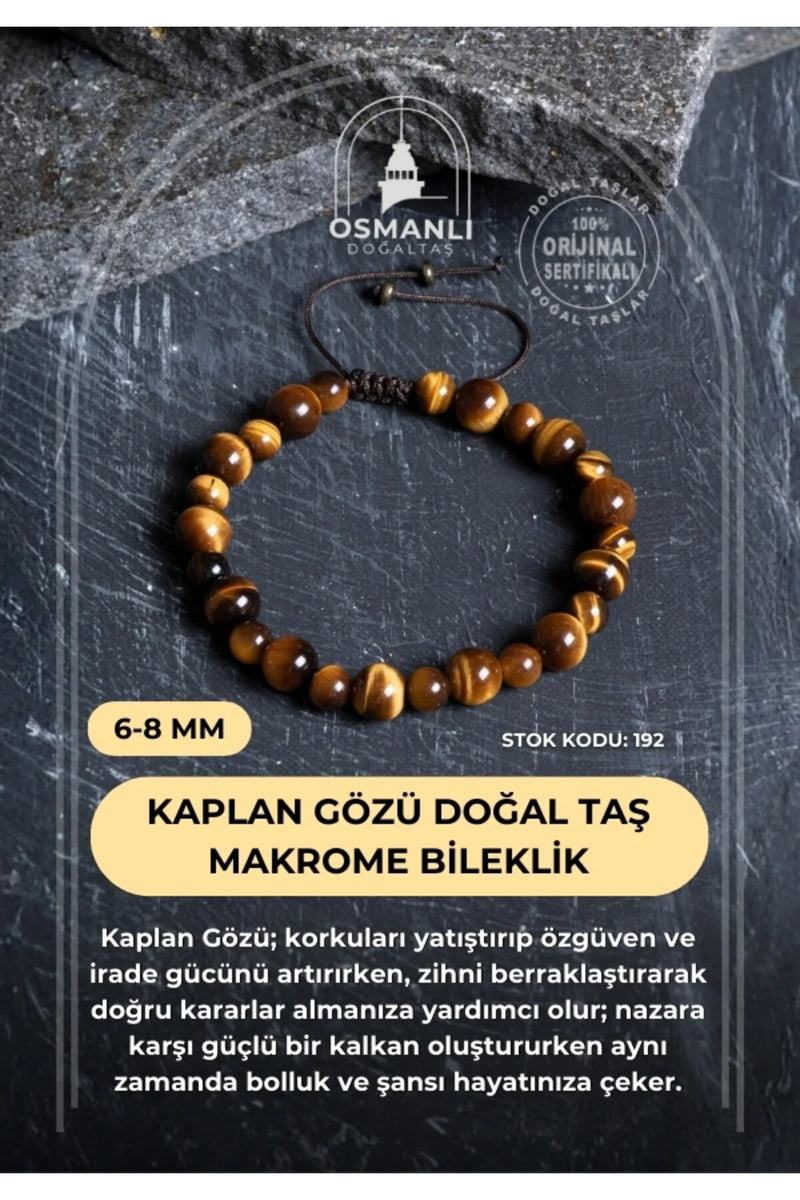 Sertifikalı Kaplan Gözü Doğal Taş Makrome Bileklik / 6-8 mm (SK:192)