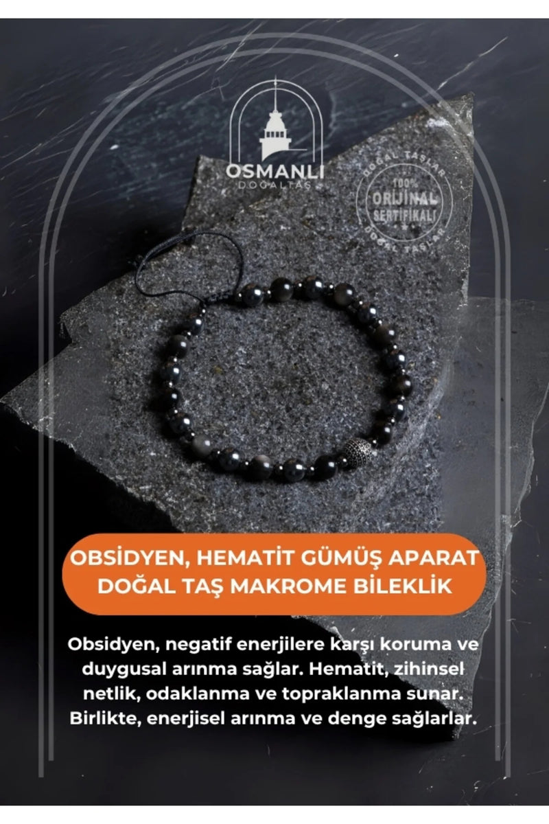 Sertifikalı Obsidyen, Hematit Gümüş Aparat  Doğal Taş Makrome Bileklik
