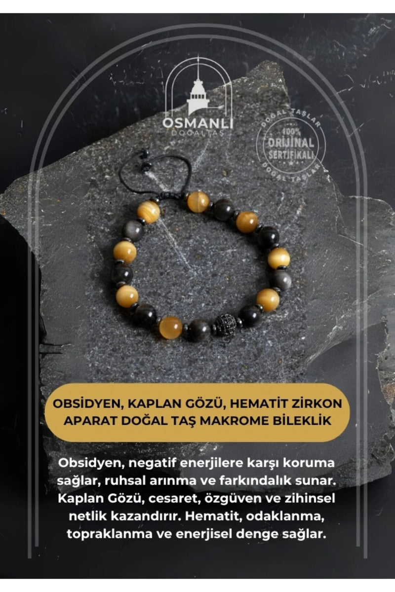 Sertifikalı Obsidyen, Kaplan Gözü, Hematit Zirkon Aparat Doğal Taş Makrome Bileklik
