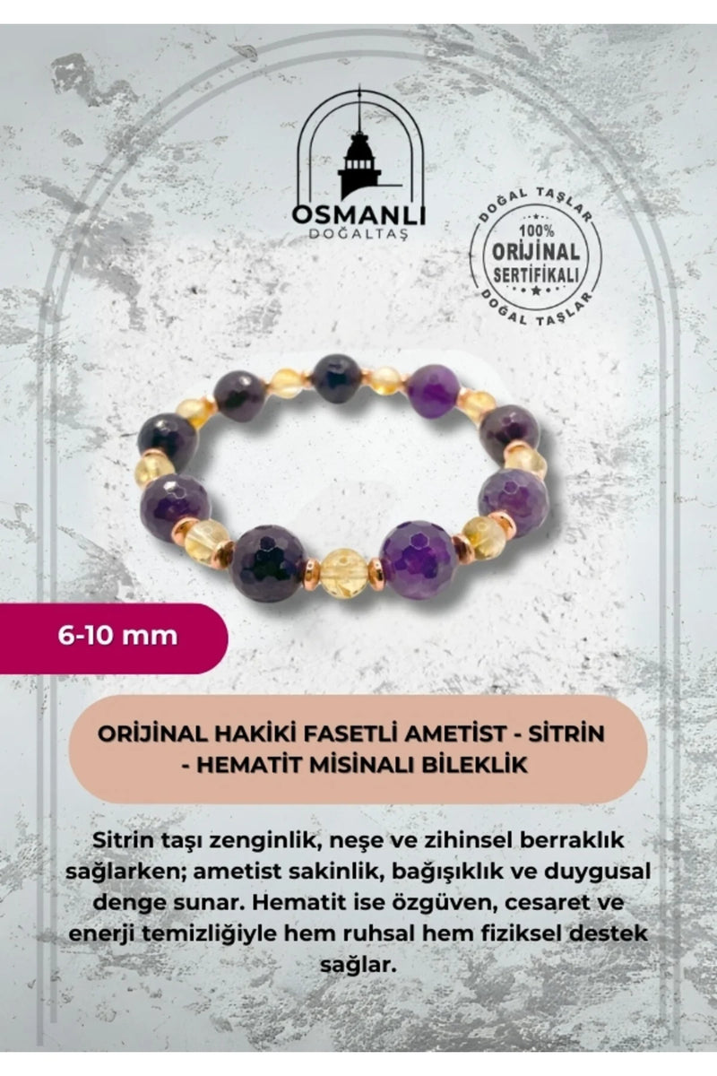 Sertifikalı Orijinal Hakiki 10mm Fasetli Ametist - 6 mm Sitrin - Hematit Misinalı Bileklik