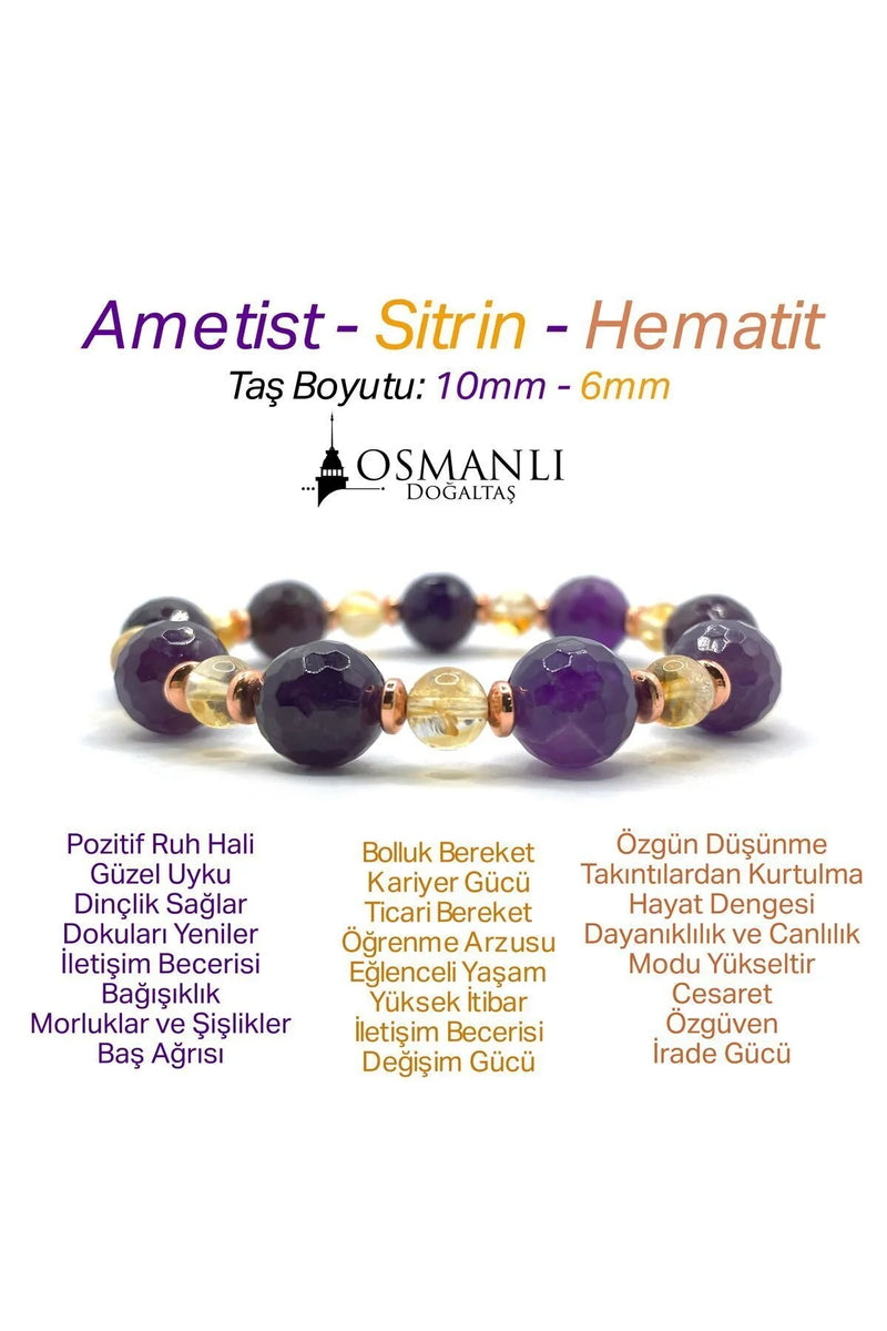 Sertifikalı Orijinal Hakiki 10mm Fasetli Ametist - 6 mm Sitrin - Hematit Misinalı Bileklik