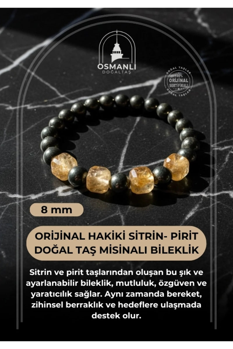 Sertifikalı Orijinal Hakiki 8mm Sitrin - Pirit Doğal Taş Misinalı Bileklik