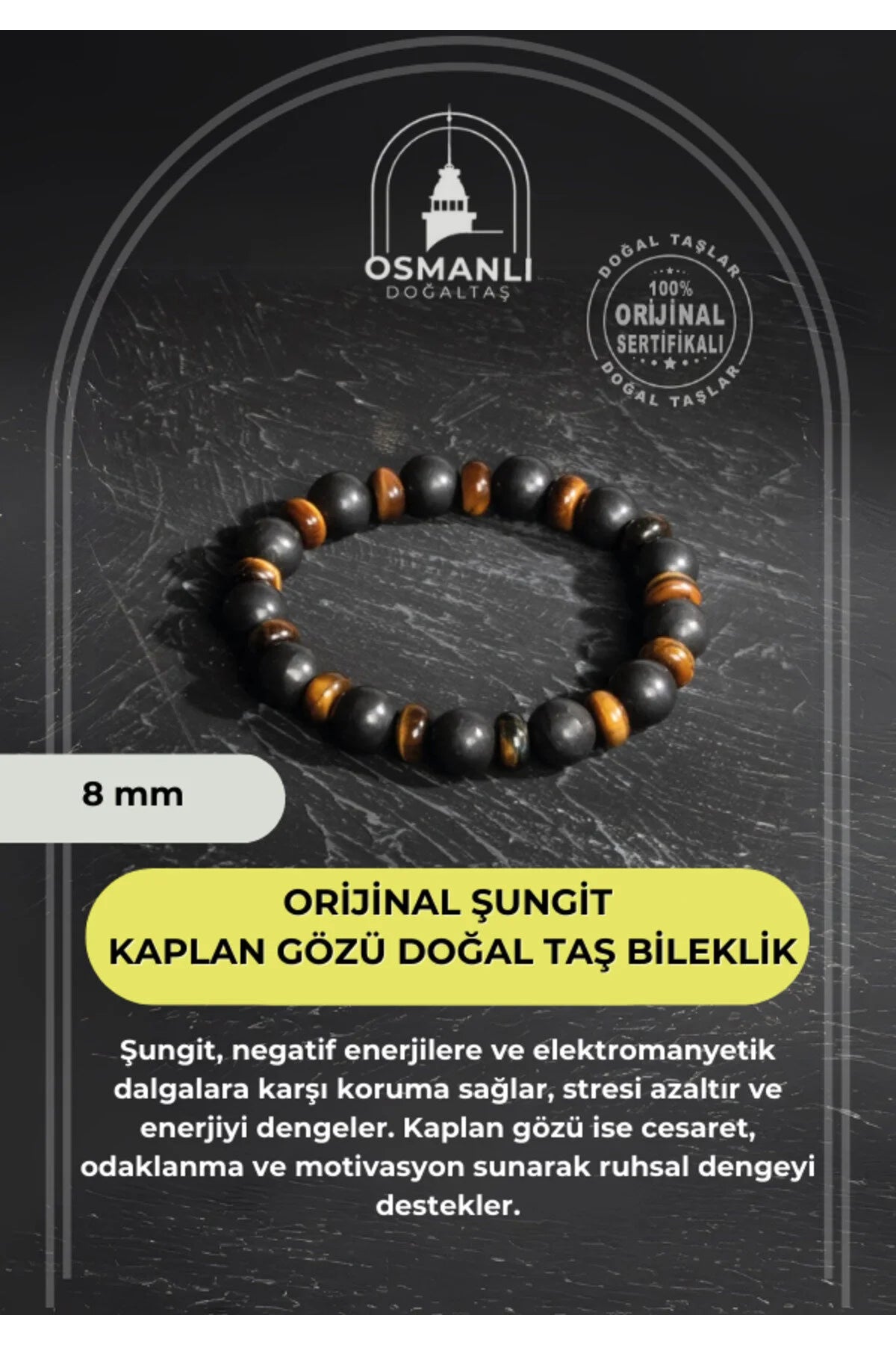 Sertifikalı Orijinal Şungit Dar Kesim Kaplan Gözü Doğal Taş Bileklik