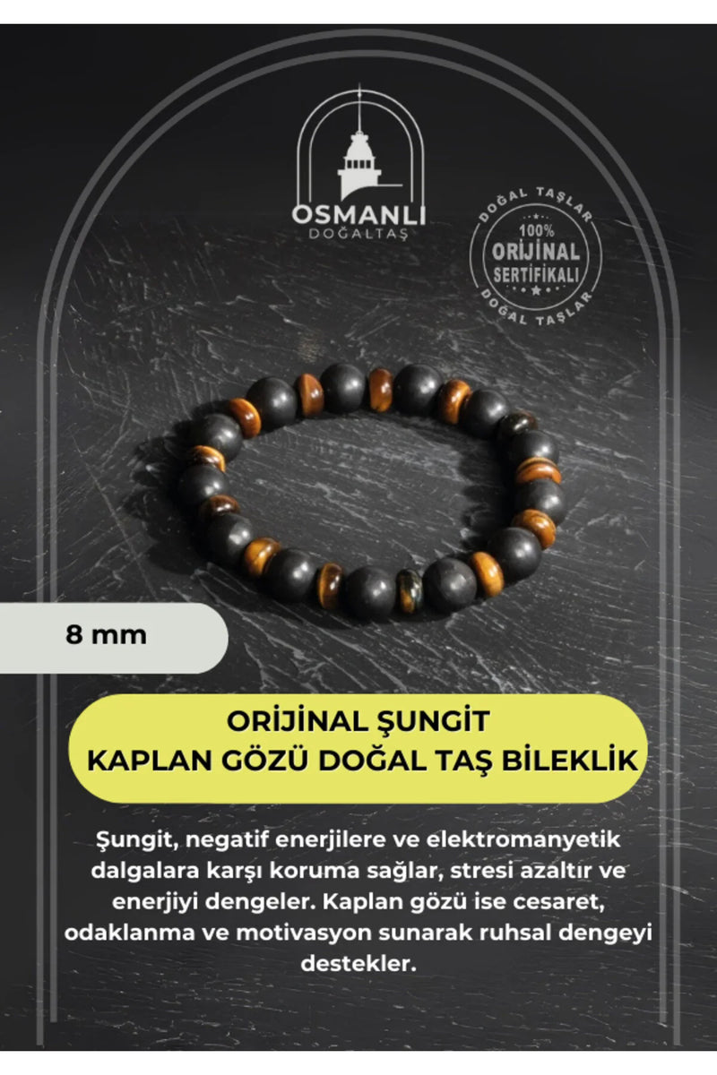 Sertifikalı Orijinal Şungit Dar Kesim Kaplan Gözü Doğal Taş Bileklik