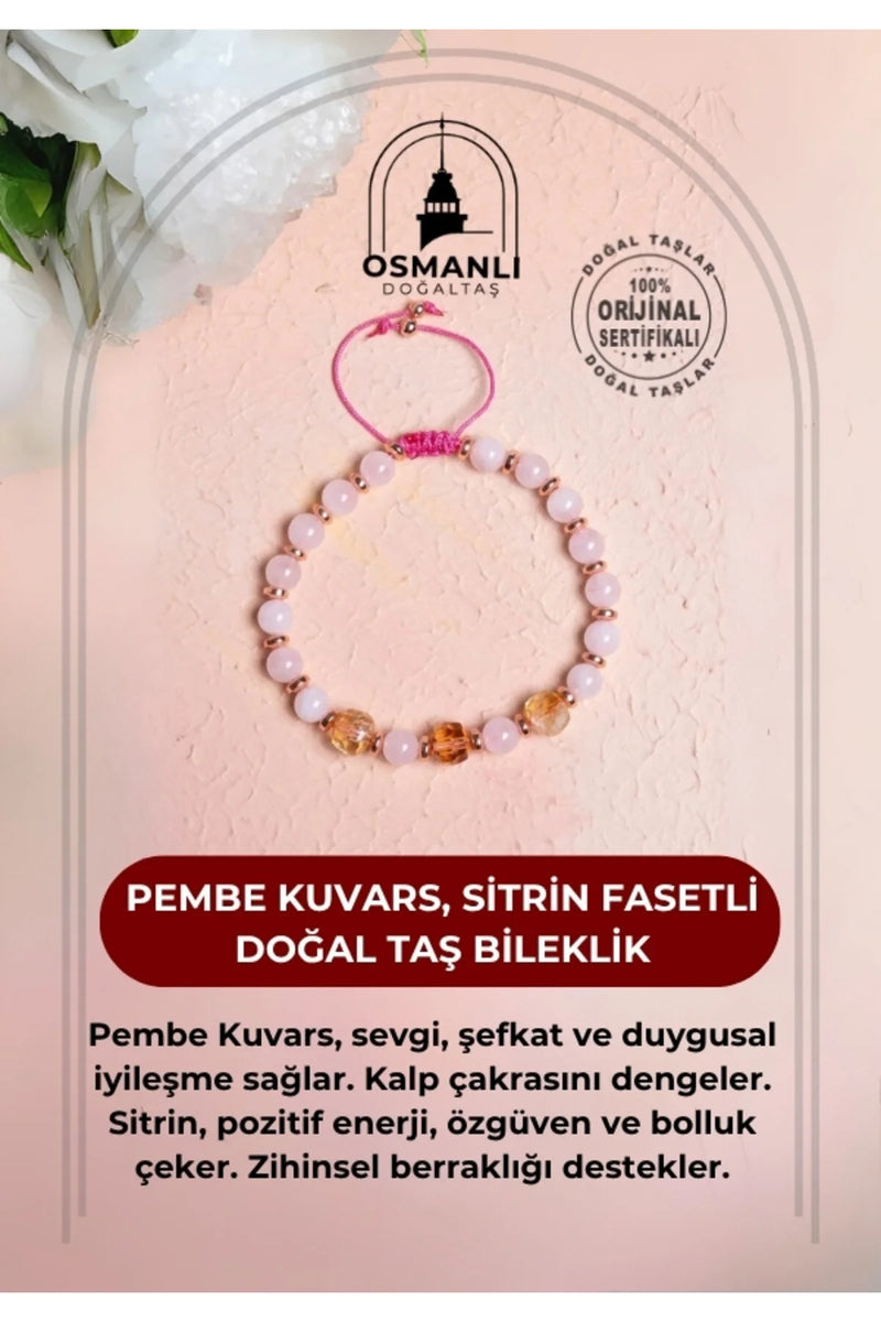 Sertifikalı Pembe Kuvars ,Sitrin Fasetli Doğal Taş Bileklik