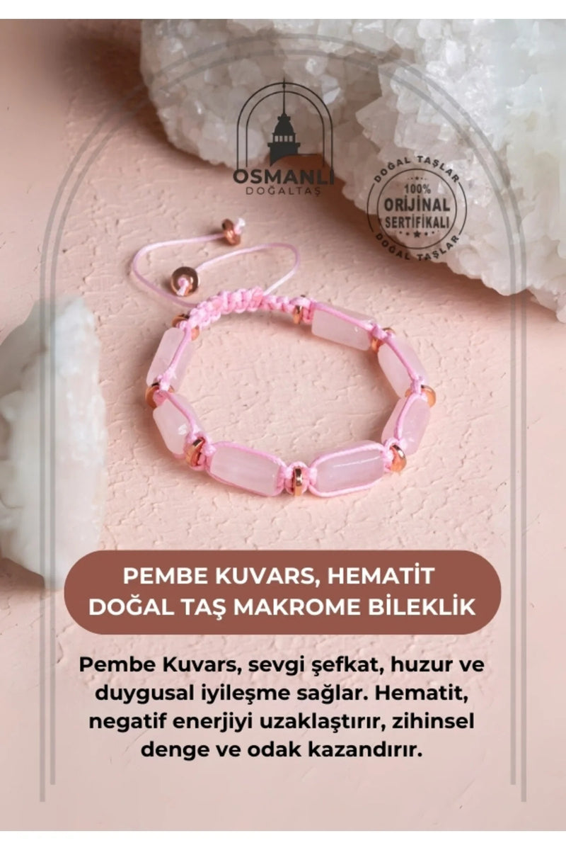 Sertifikalı Pembe Kuvars, Hematit Doğal Taş Makrome Bileklik