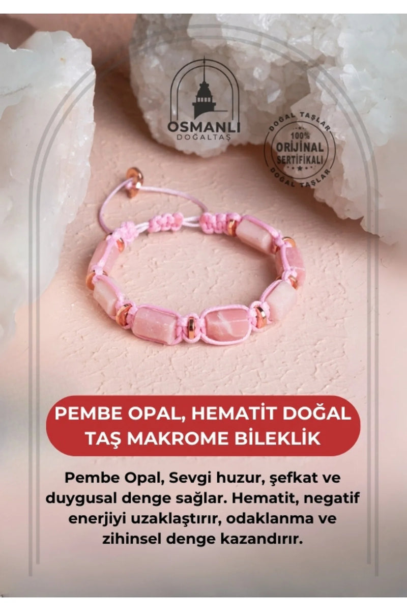 Sertifikalı Pembe Opal, Hematit Doğal Taş Makrome Bileklik