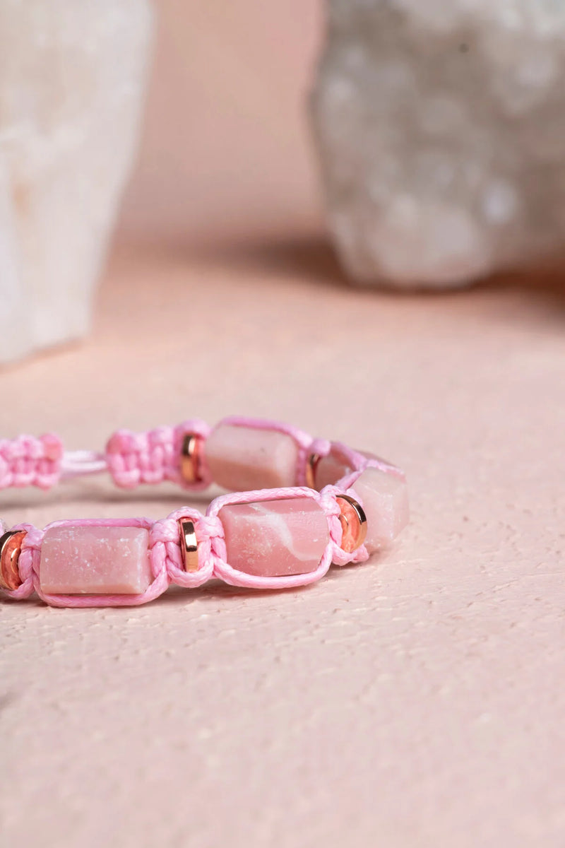 Sertifikalı Pembe Opal, Hematit Doğal Taş Makrome Bileklik