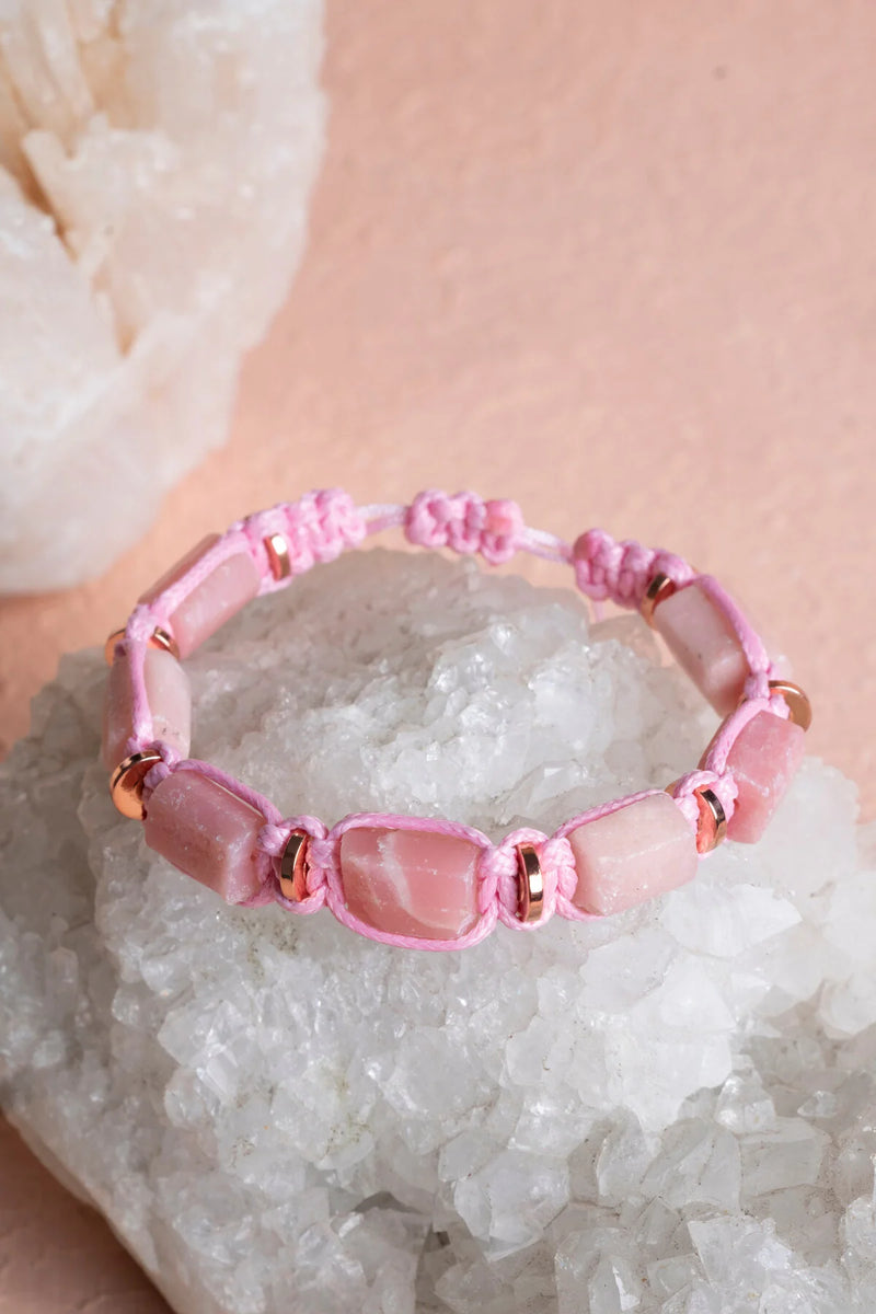 Sertifikalı Pembe Opal, Hematit Doğal Taş Makrome Bileklik