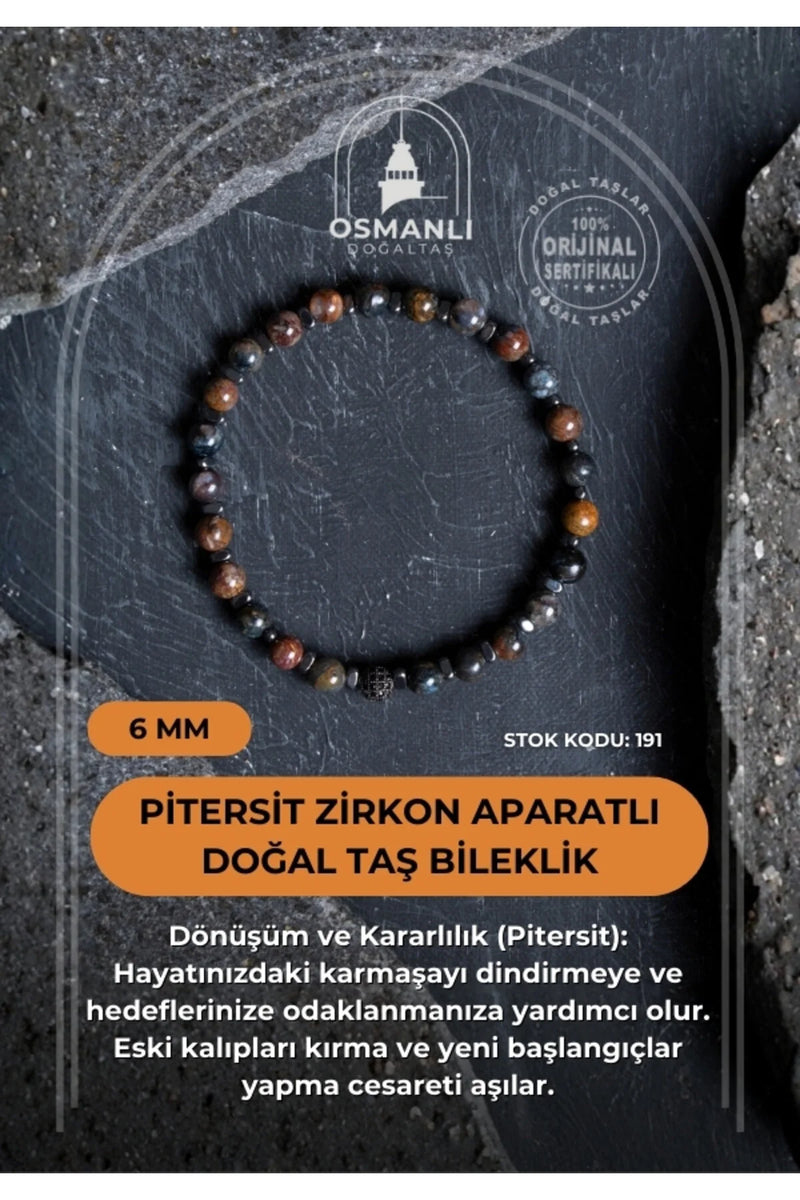 Sertifikalı Pitersit Zirkon Aparatlı Doğal Taş Bileklik-6 mm (SK:191)