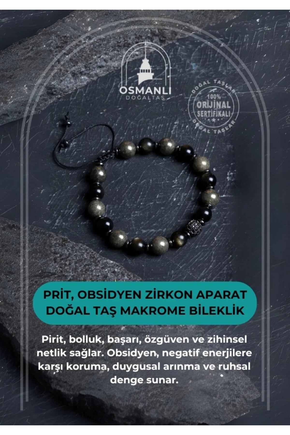 Sertifikalı Prit, Obsidyen Zirkon Aparat  Doğal Taş Makrome Bileklik