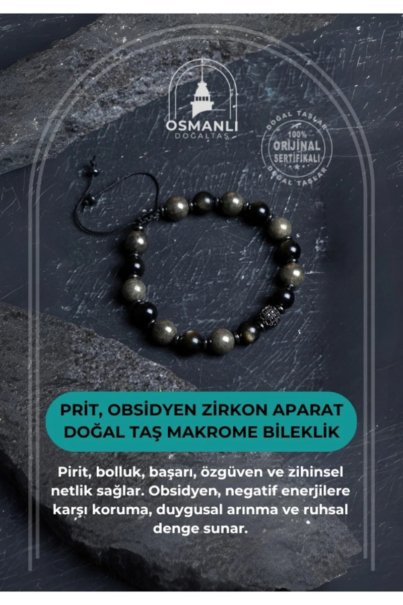 Sertifikalı Prit, Obsidyen Zirkon Aparat  Doğal Taş Makrome Bileklik