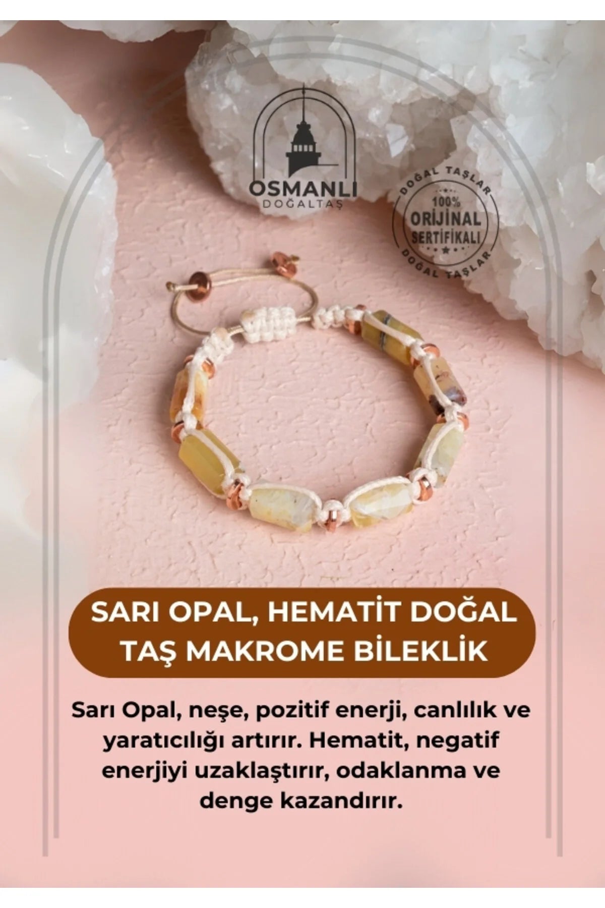 Sertifikalı Sarı Opal, Hematit Doğal Taş Makrome Bileklik