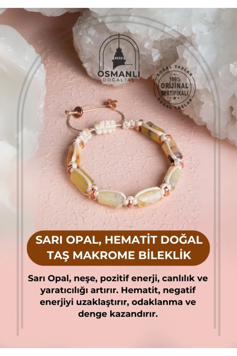 Sertifikalı Sarı Opal, Hematit Doğal Taş Makrome Bileklik