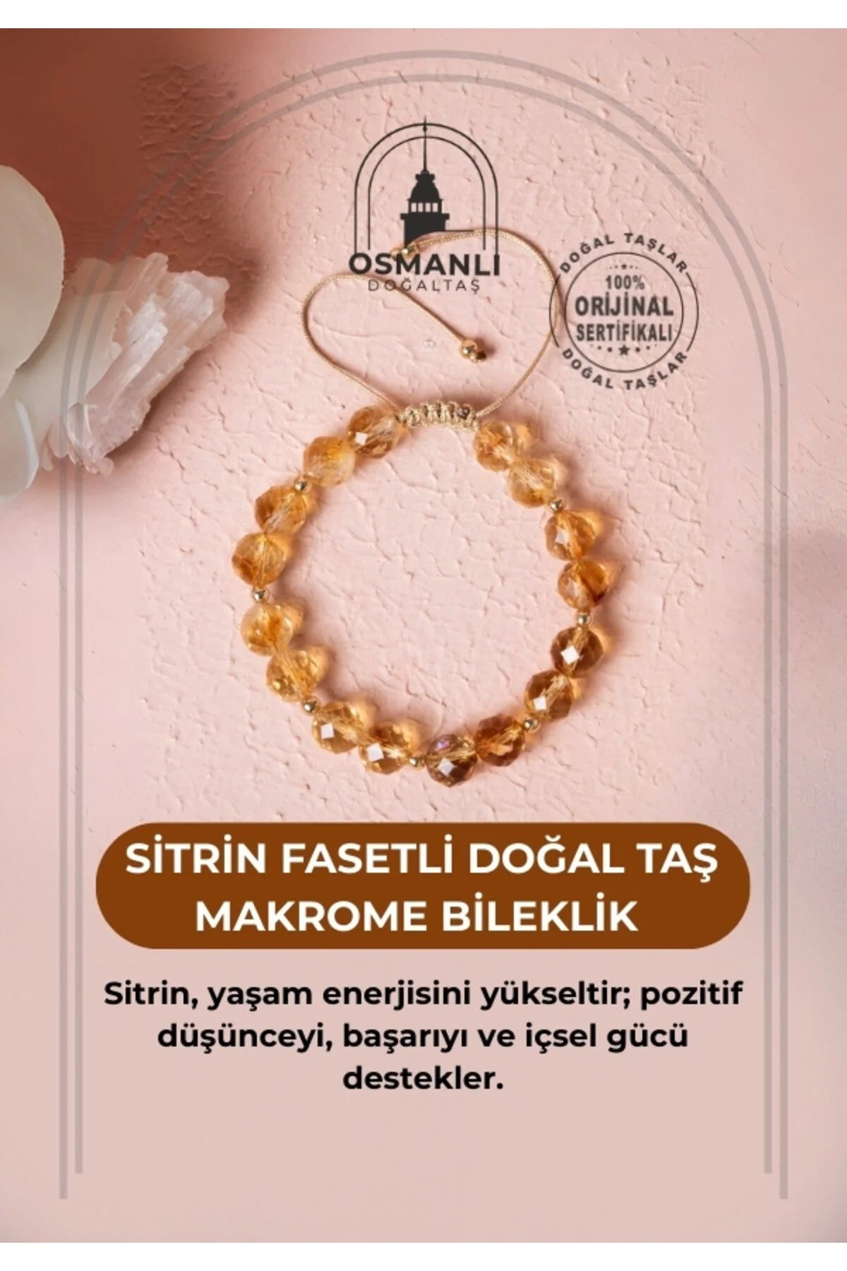 Sertifikalı Sitrin Fasetli Doğal Taş Makrome Bileklik