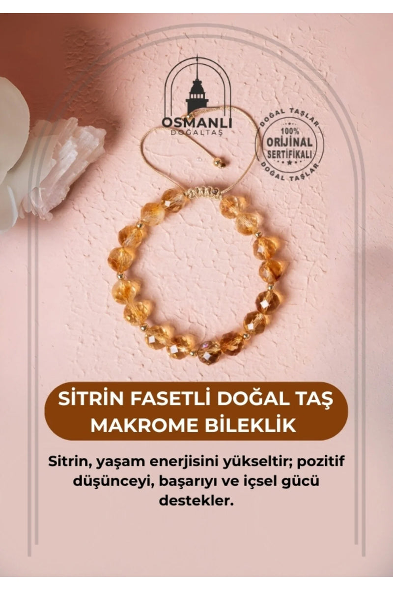 Sertifikalı Sitrin Fasetli Doğal Taş Makrome Bileklik