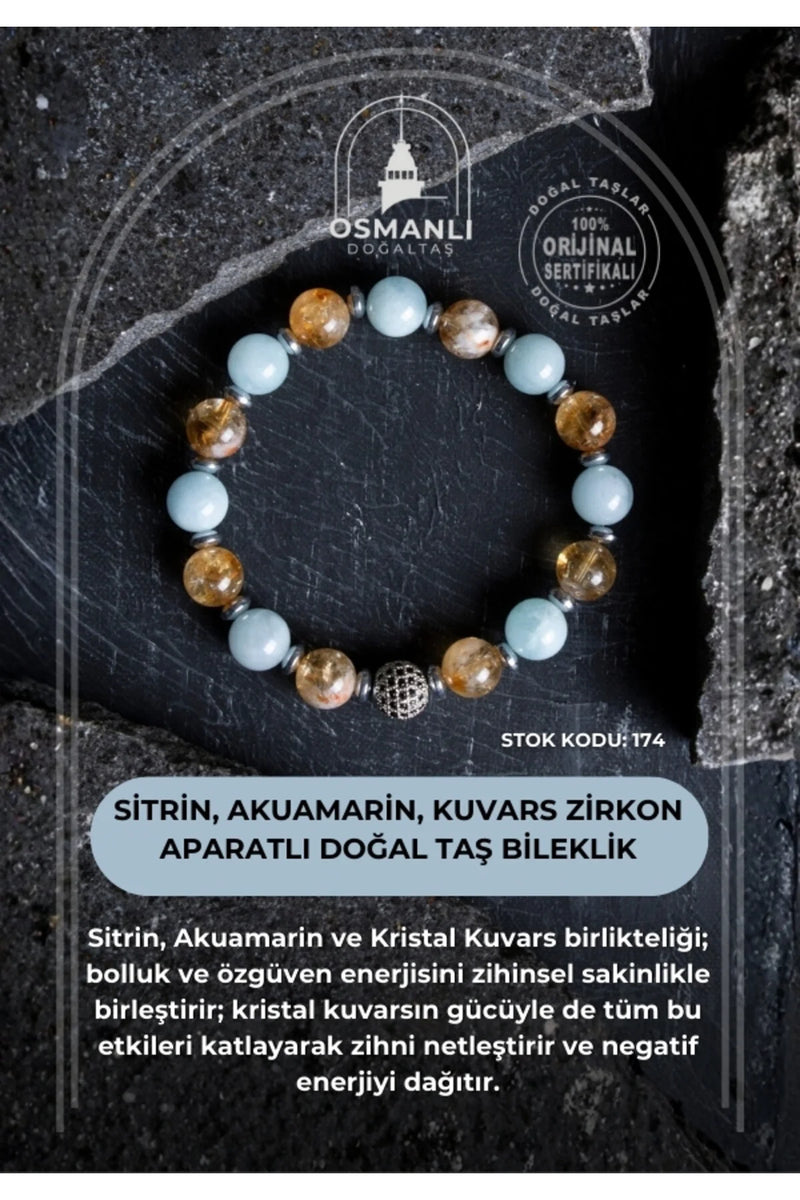 Sertifikalı Sitrin, Akuamarin, Kuvars Zirkon Aparatlı Doğal Taş Bileklik (SK:174)